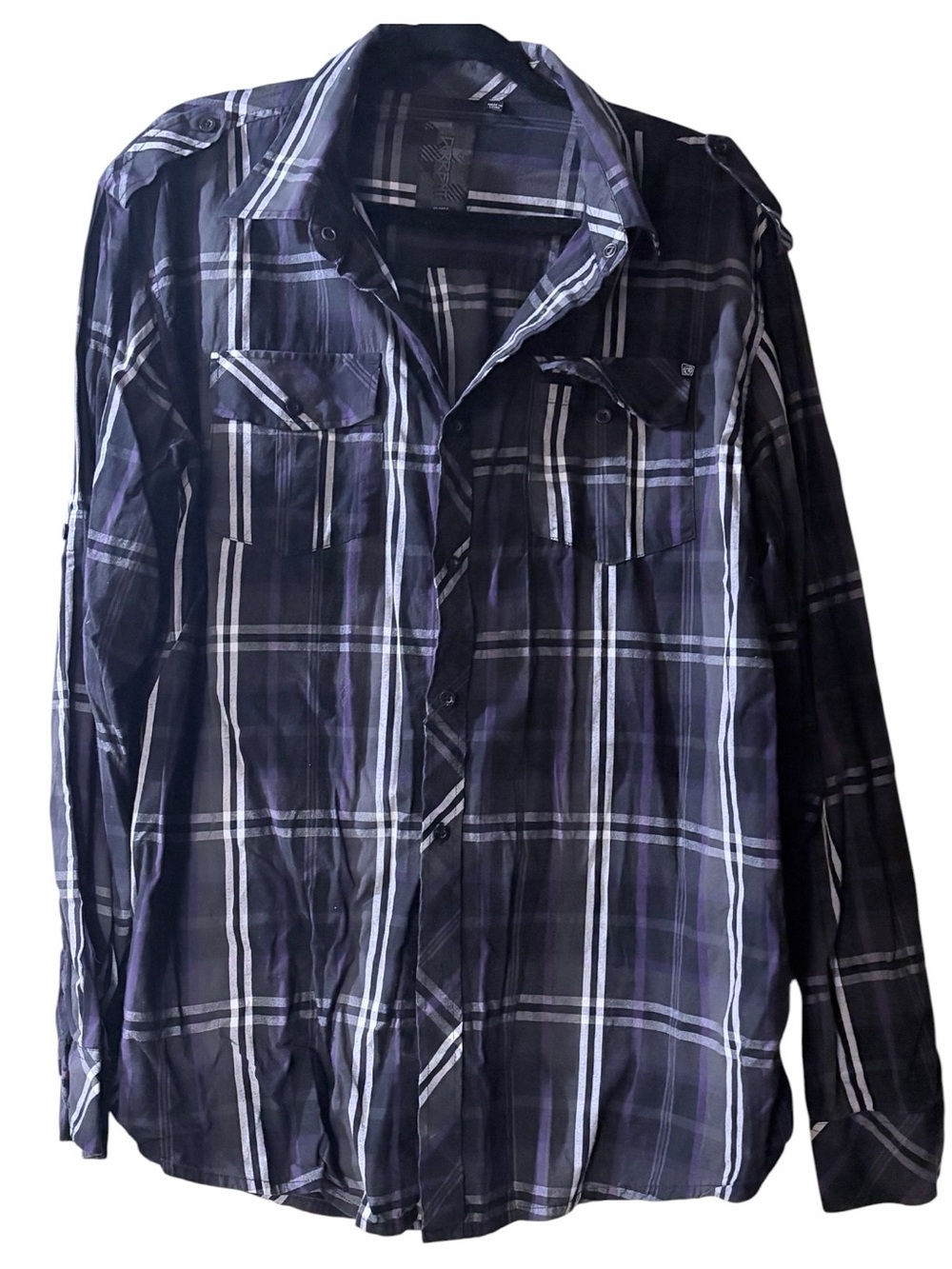 Men’s Black and Purple Plaid Casual Button Down Shirt XL GUC